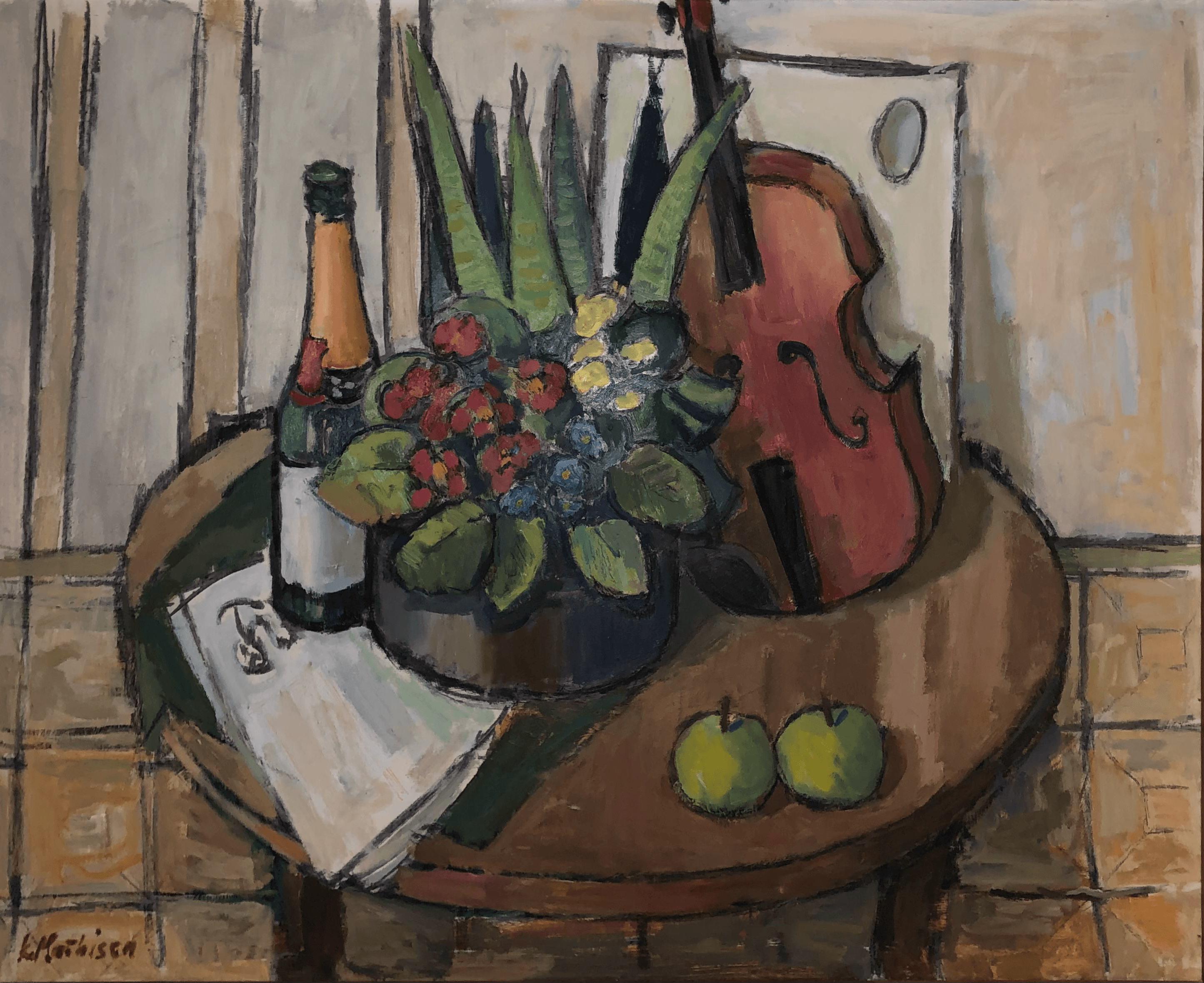 Painting by Kjell Mathisen — still life with fruit and bottles