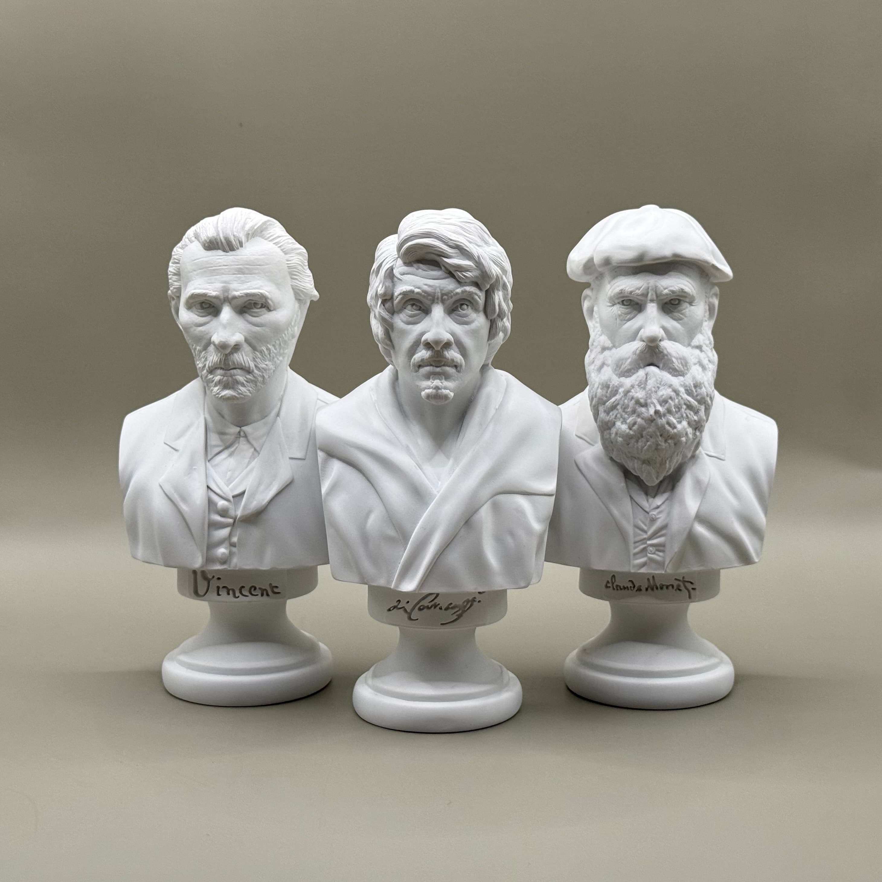 Busts of van Gogh, Monet and Caravaggio