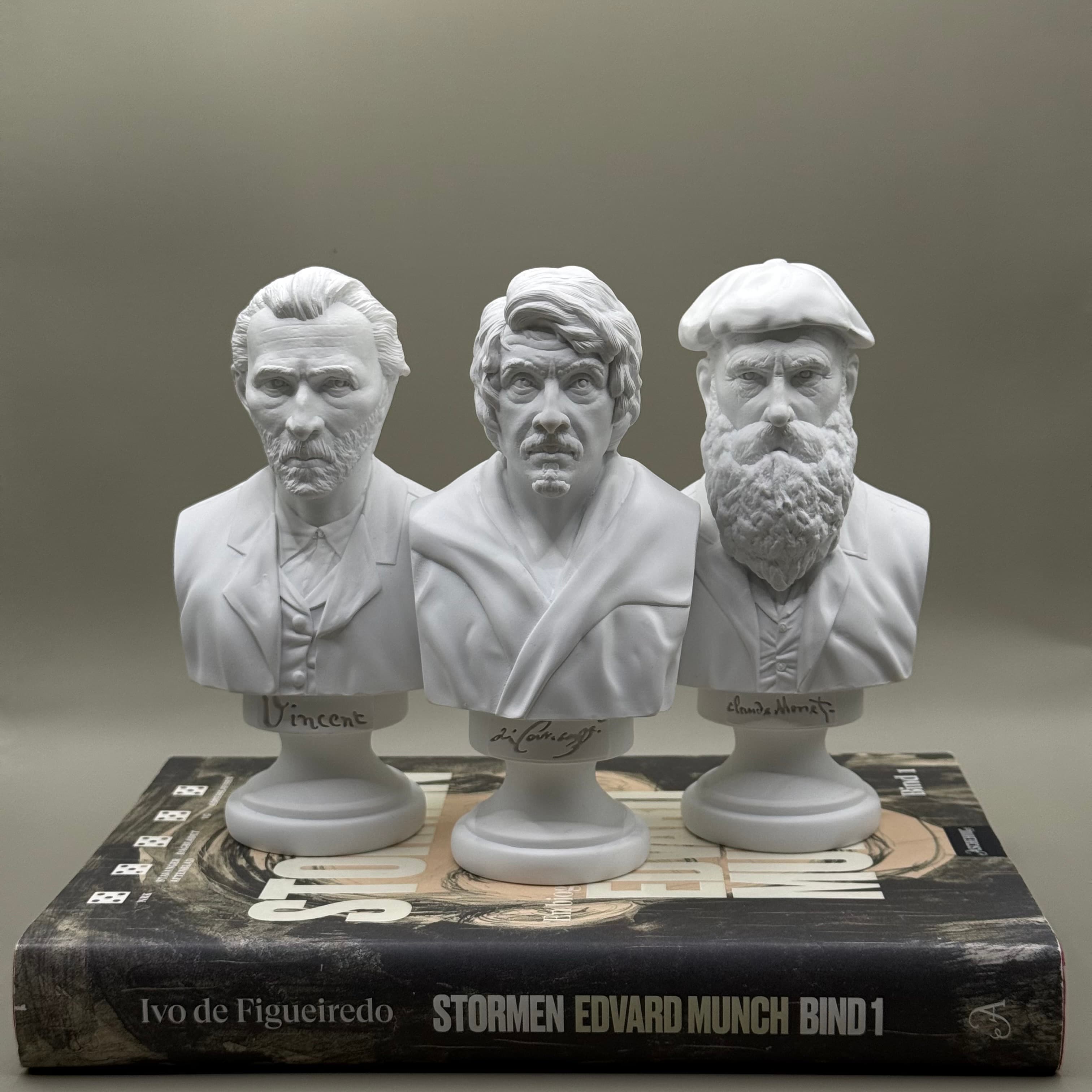 Busts of van Gogh, Monet and Caravaggio