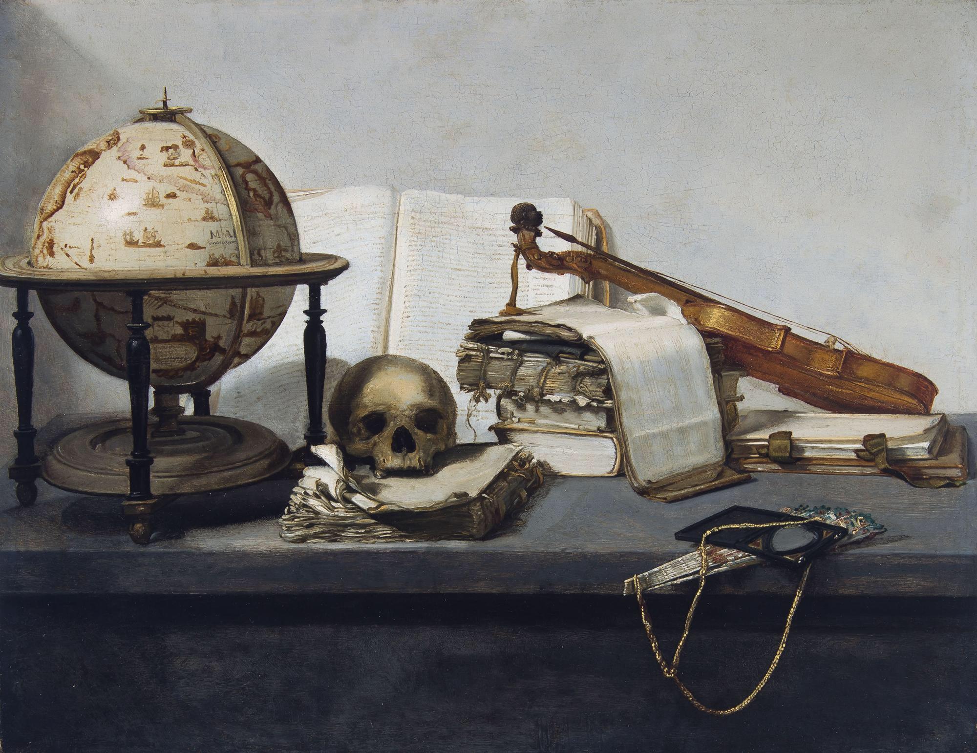 Vanitas Still life with Books, a Globe, a Skull, a Violin and a Fan