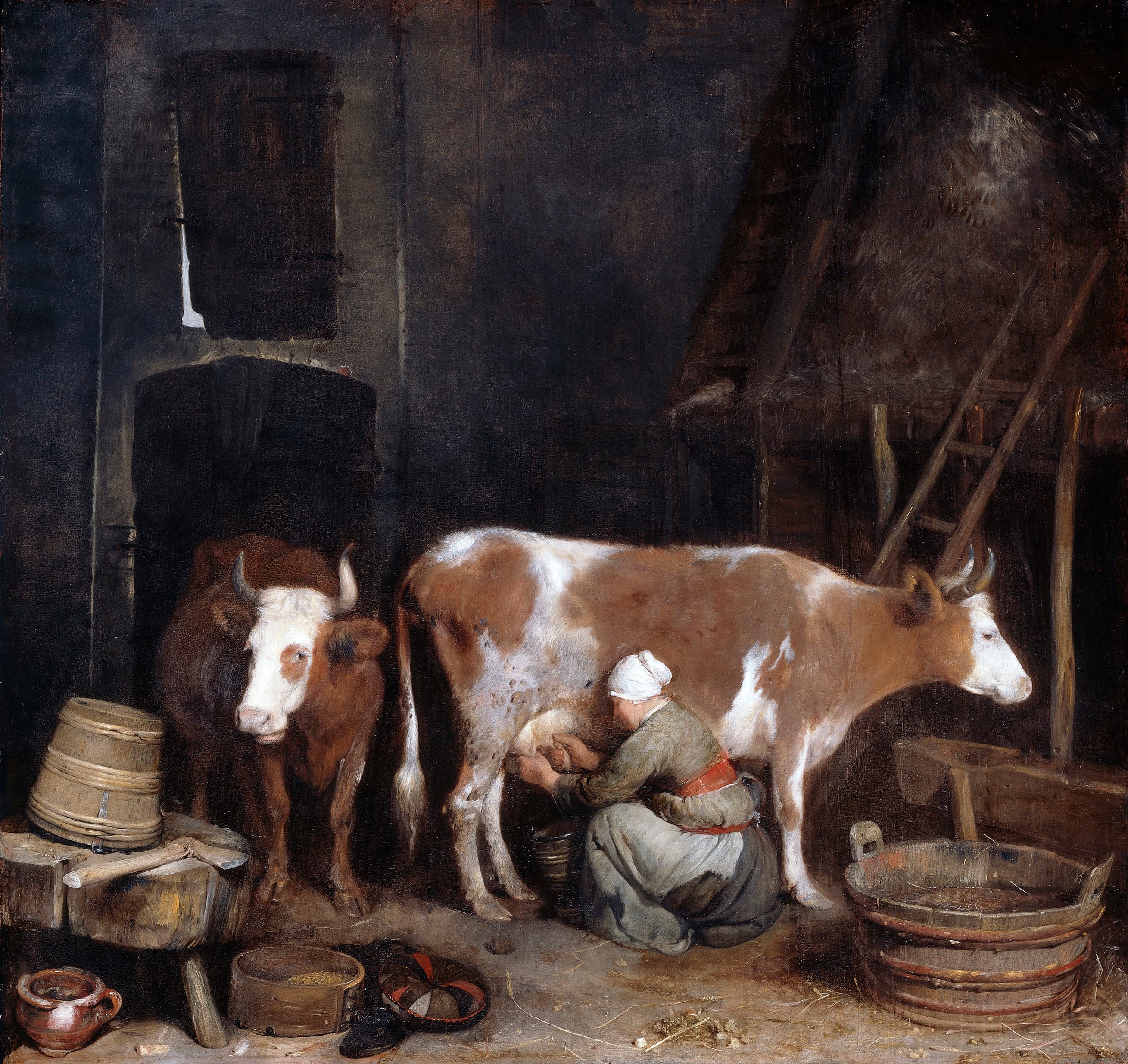 A Maid Milking a Cow in a Barn